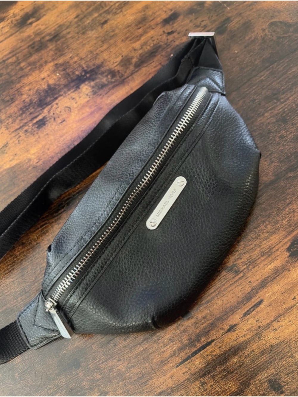 Michael Kors Black Pebbled Leather Belt Bag with Silver Hardware